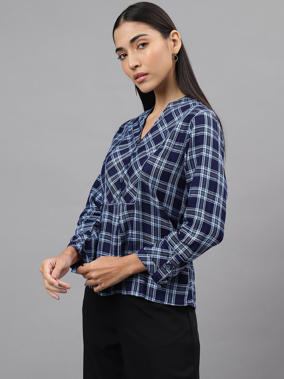 Blue Navy 3/4 Sleeve V-Neck Check Shirt Blouse