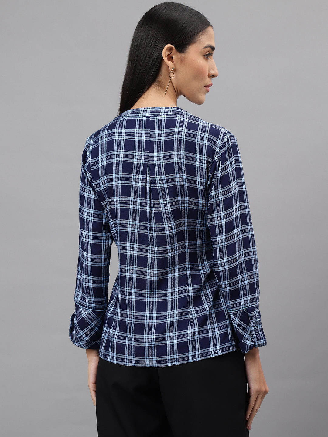 Blue Navy 3/4 Sleeve V-Neck Check Shirt Blouse