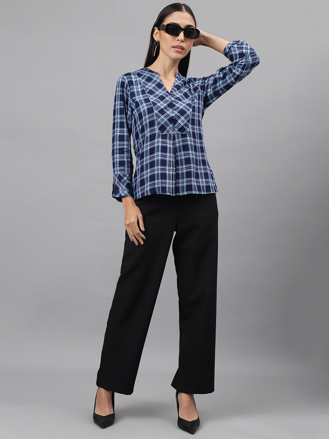 Blue Navy 3/4 Sleeve V-Neck Check Shirt Blouse