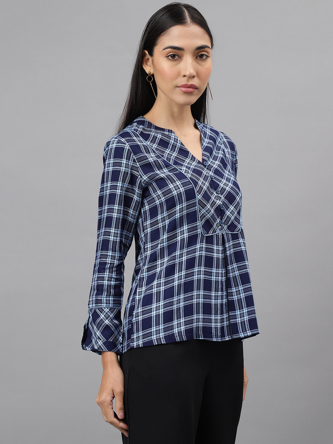 Blue Navy 3/4 Sleeve V-Neck Check Shirt Blouse