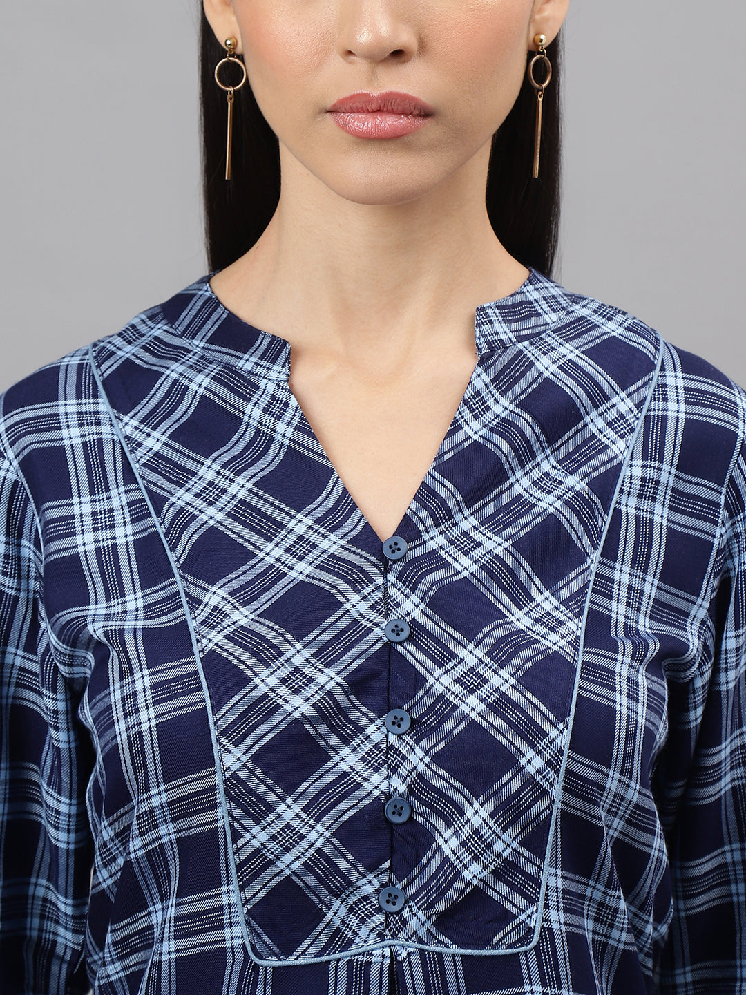 Blue Navy 3/4 Sleeve V-Neck Check Shirt Blouse
