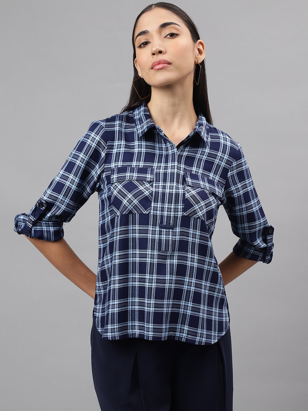 Blue Navy 3/4 Sleeve Collar Neck Check Blouse Top