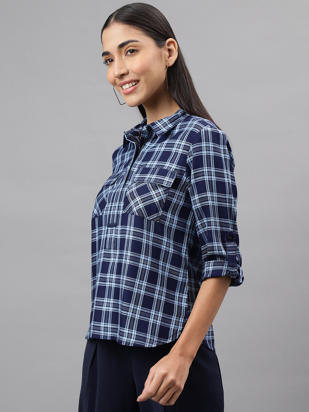 Blue Navy 3/4 Sleeve Collar Neck Check Blouse Top