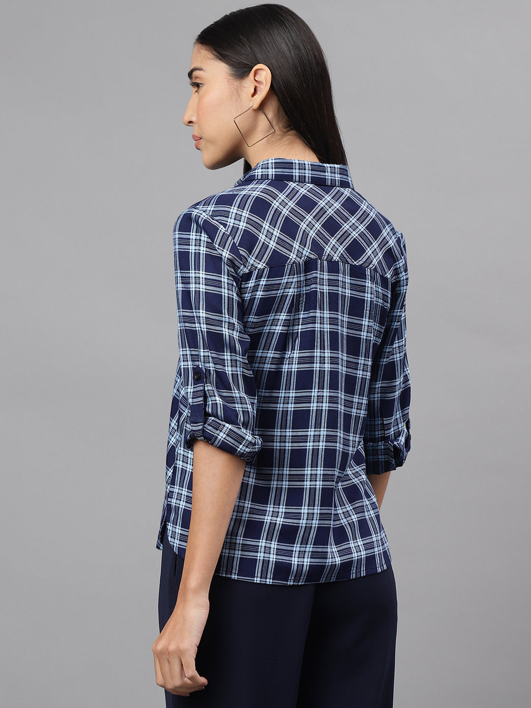 Blue Navy 3/4 Sleeve Collar Neck Check Blouse Top