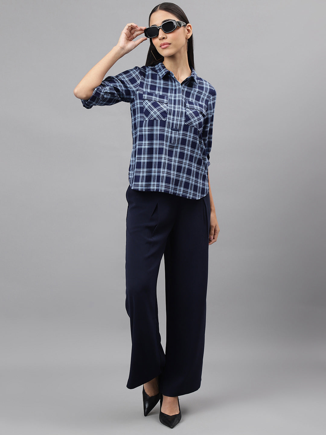 Blue Navy 3/4 Sleeve Collar Neck Check Blouse Top