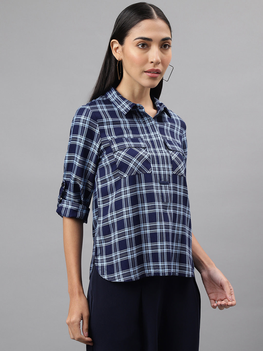 Blue Navy 3/4 Sleeve Collar Neck Check Blouse Top