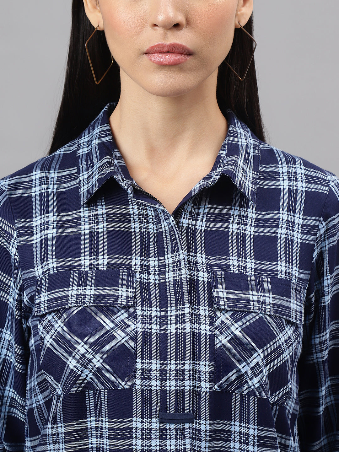 Blue Navy 3/4 Sleeve Collar Neck Check Blouse Top