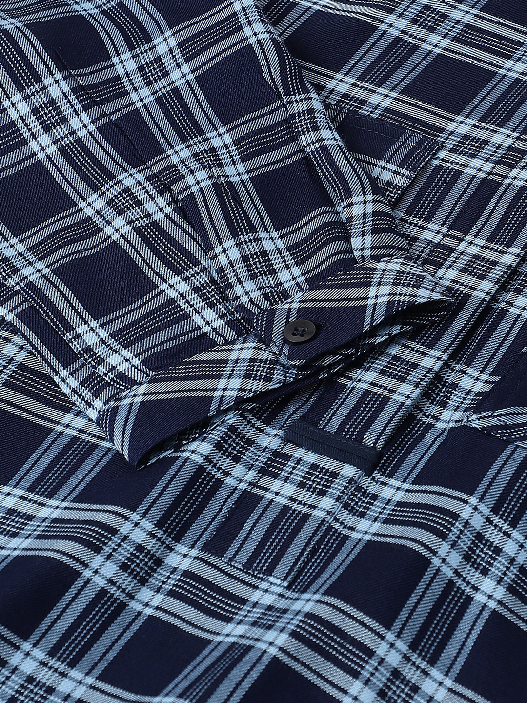 Blue Navy 3/4 Sleeve Collar Neck Check Blouse Top