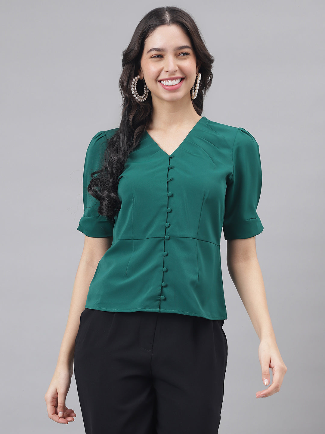 Green Half Sleeve V-Neck Women Solid Top