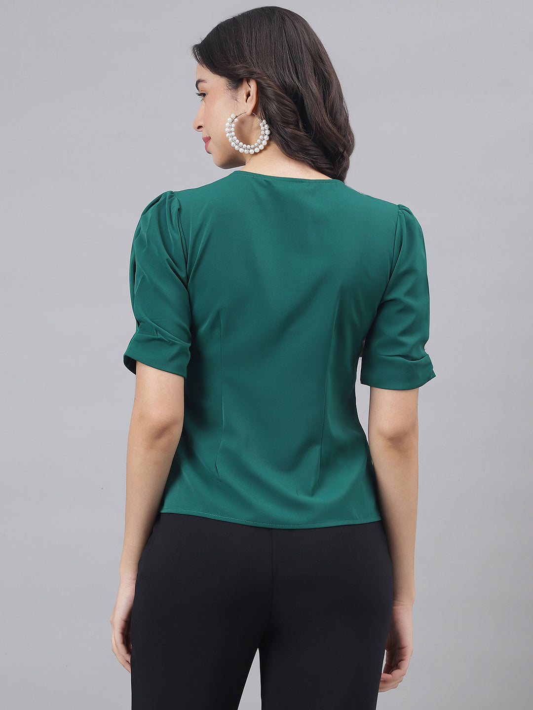 Green Half Sleeve V-Neck Women Solid Top