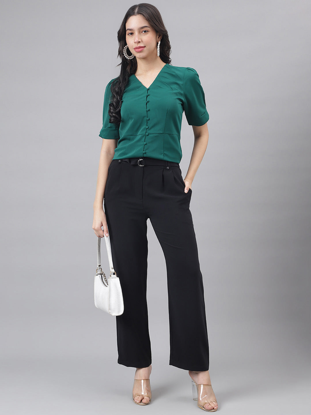 Green Half Sleeve V-Neck Women Solid Top