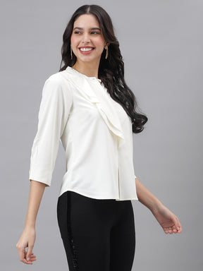 Ivory 3/4 Sleeve Mandarin Collar Women Solid Top