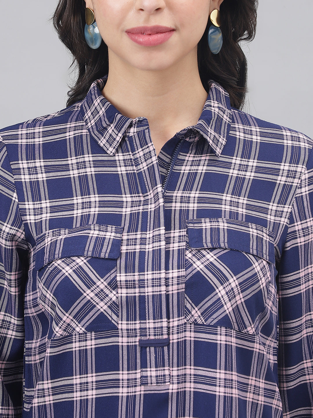 Blue Navy 3/4 Sleeve Shirt Collar Women Checked Top