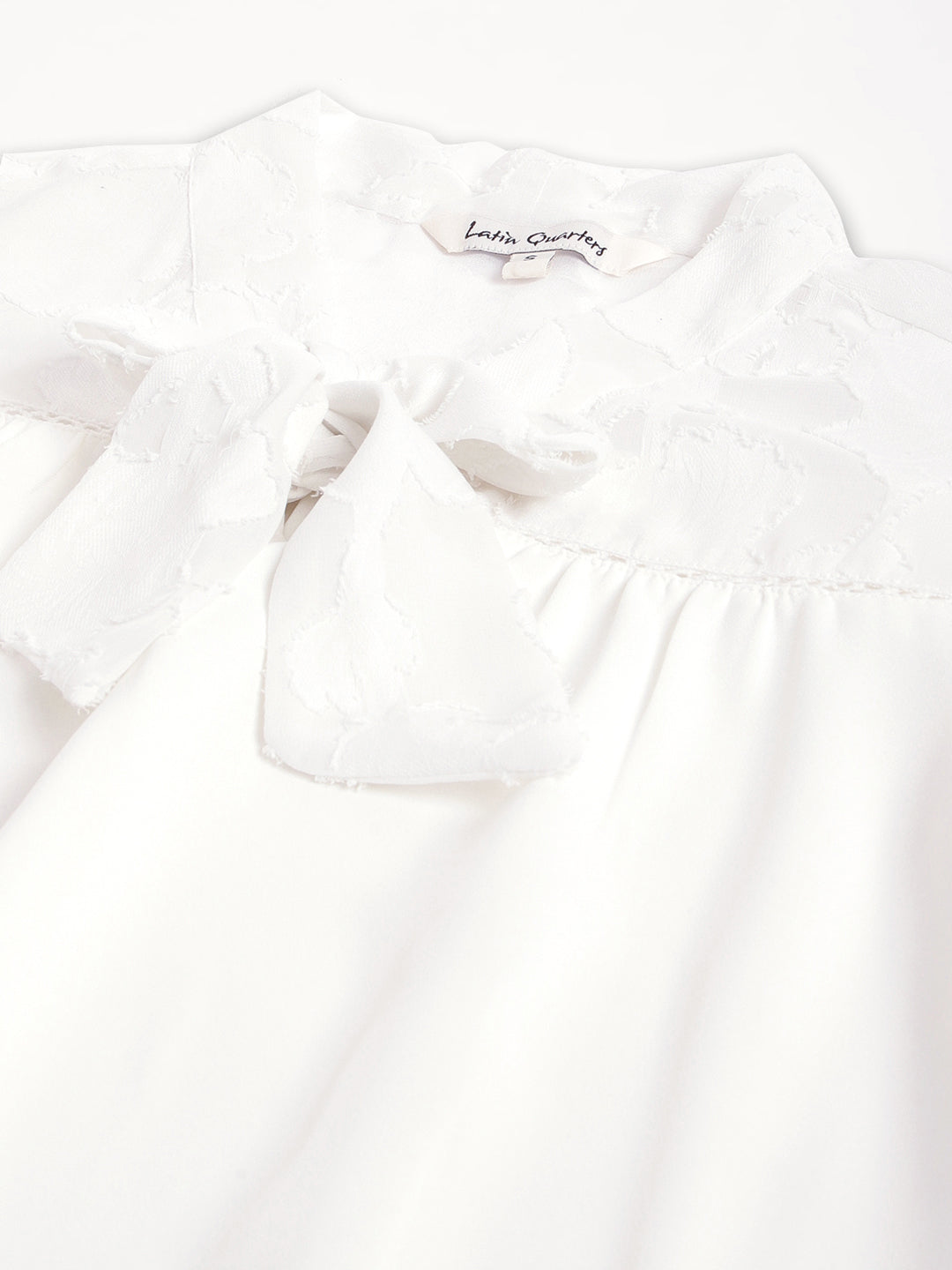 White 3/4 Sleeve Tie-Up Neck Women Solid Top