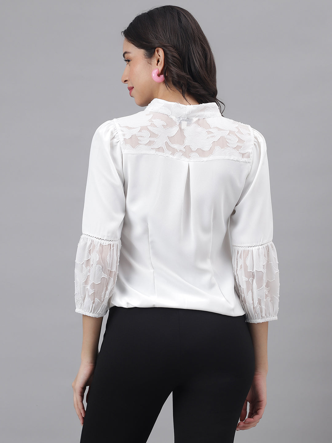 White 3/4 Sleeve Tie-Up Neck Women Solid Top