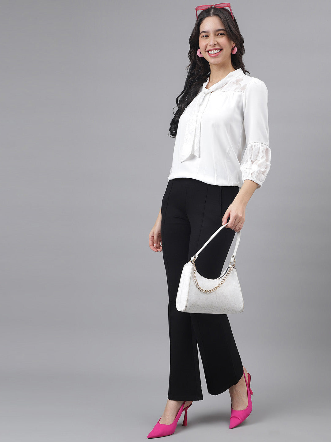 White 3/4 Sleeve Tie-Up Neck Women Solid Top