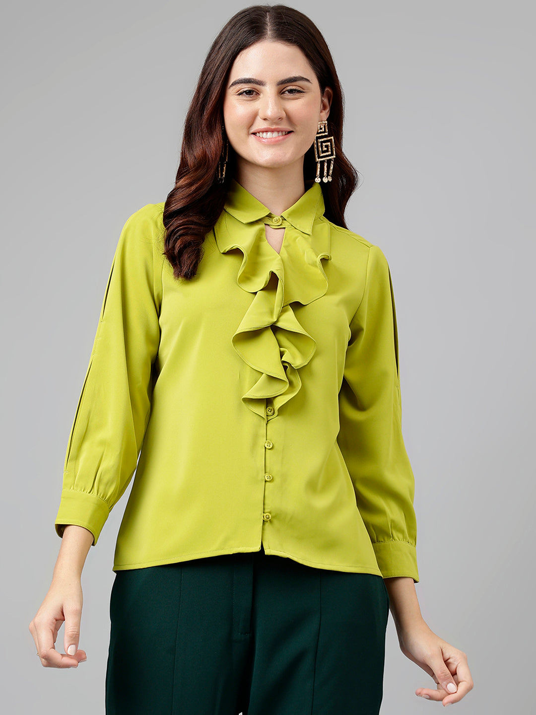 Green Solid Polyester Blouse With Ruffles