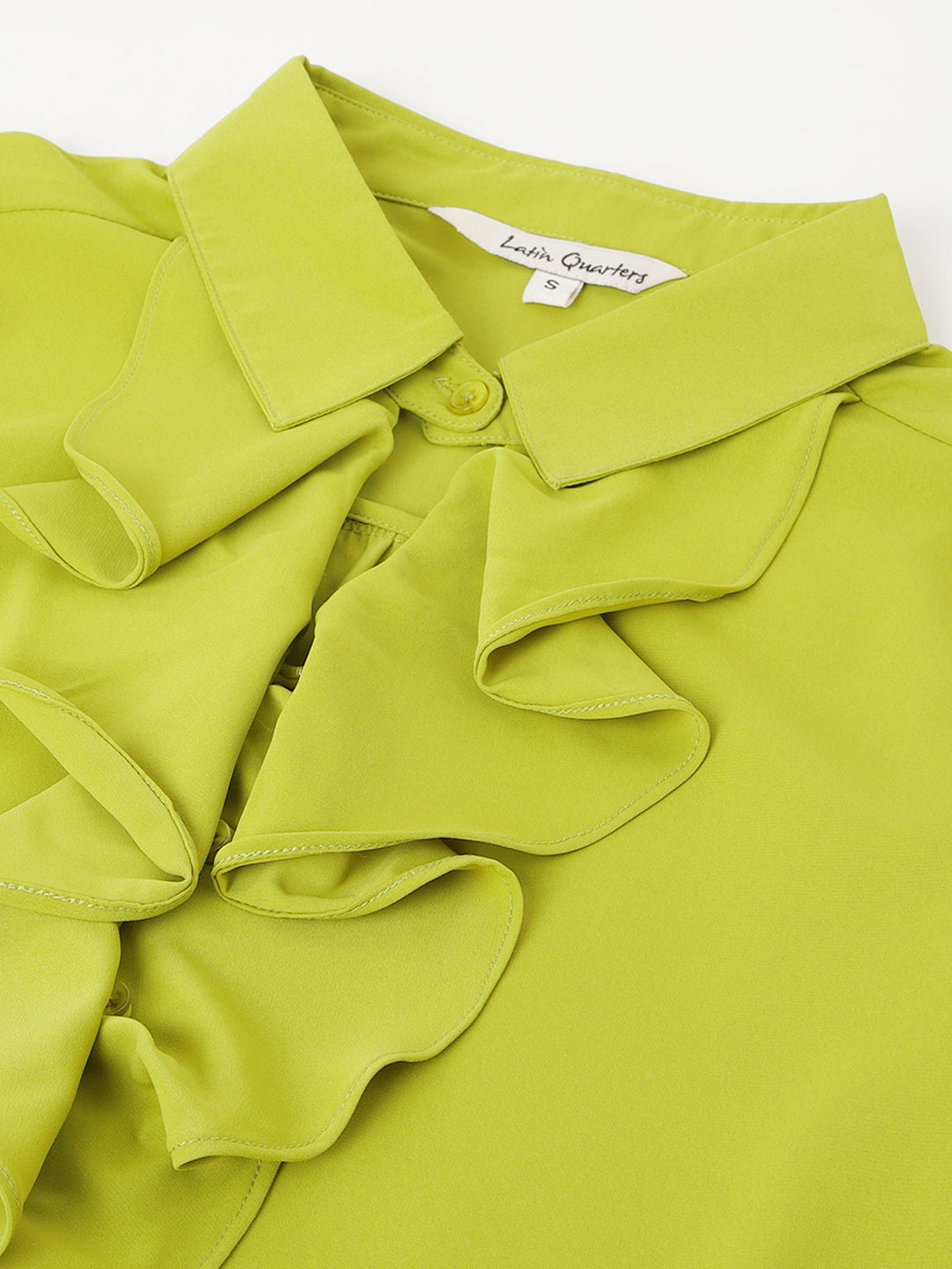 Green Solid Polyester Blouse With Ruffles