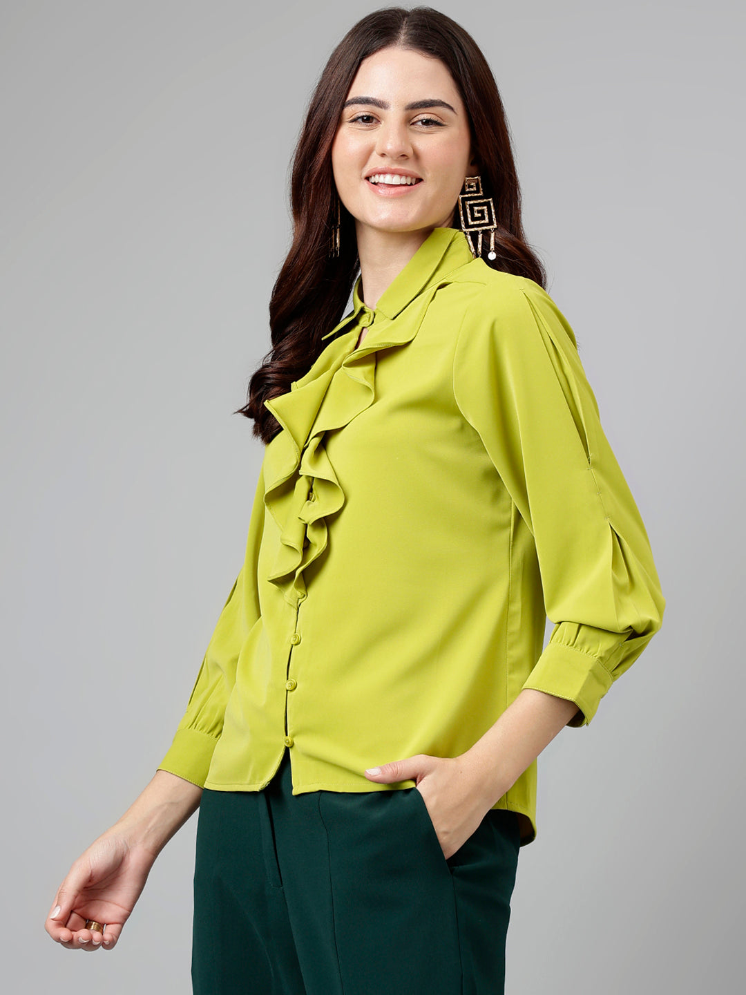 Green Solid Polyester Blouse With Ruffles