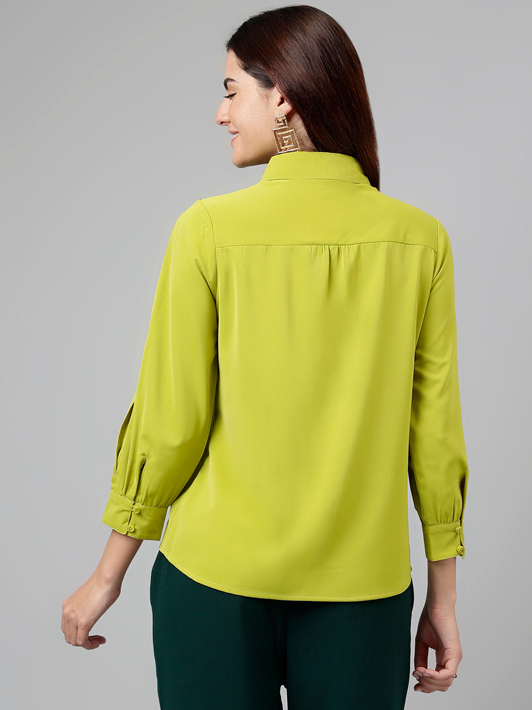 Green Solid Polyester Blouse With Ruffles