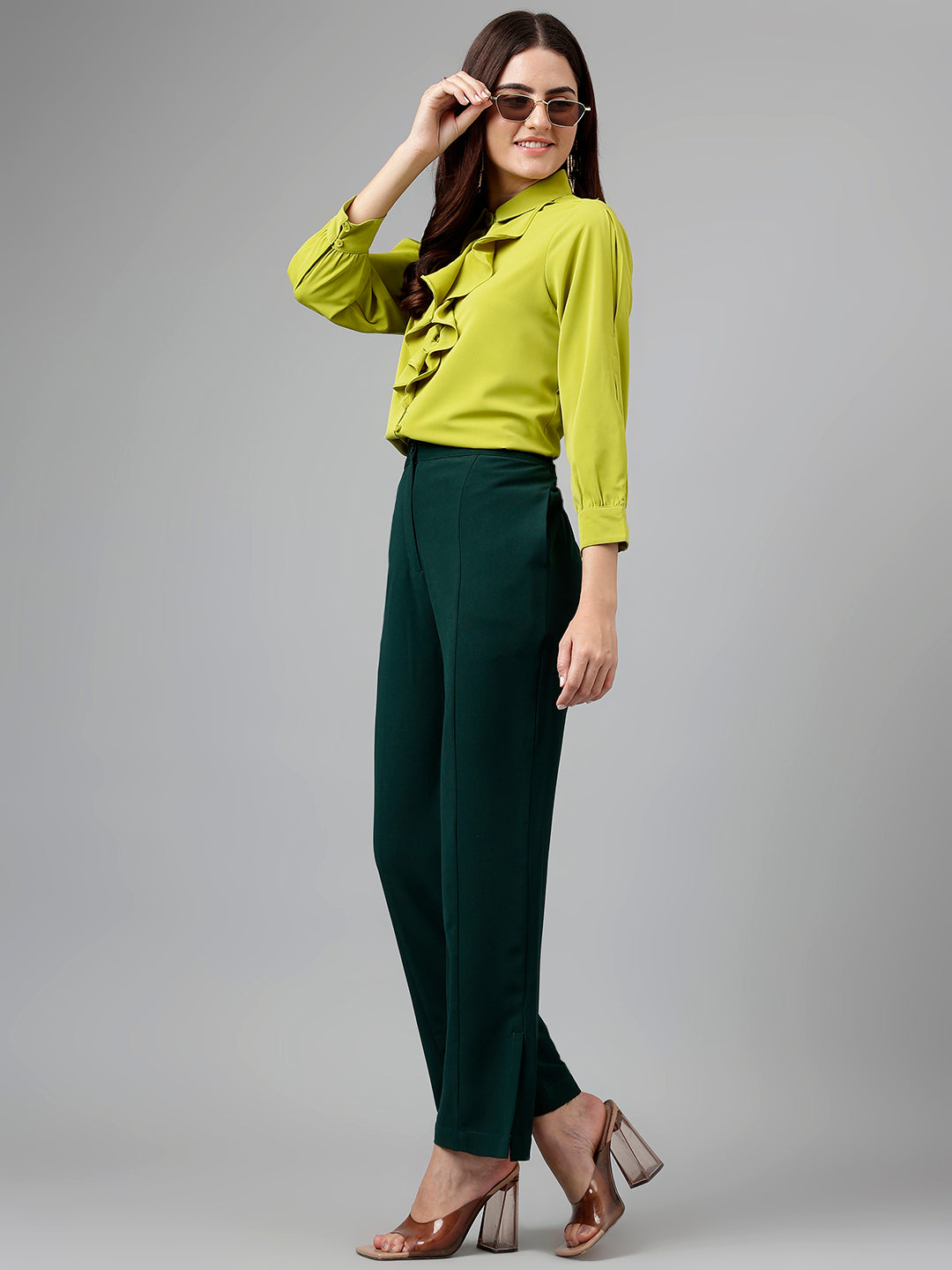 Green Solid Polyester Blouse With Ruffles