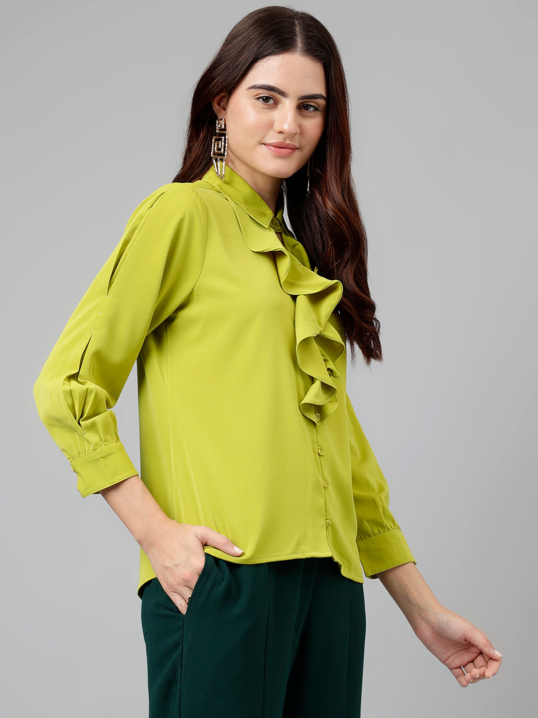 Green Solid Polyester Blouse With Ruffles