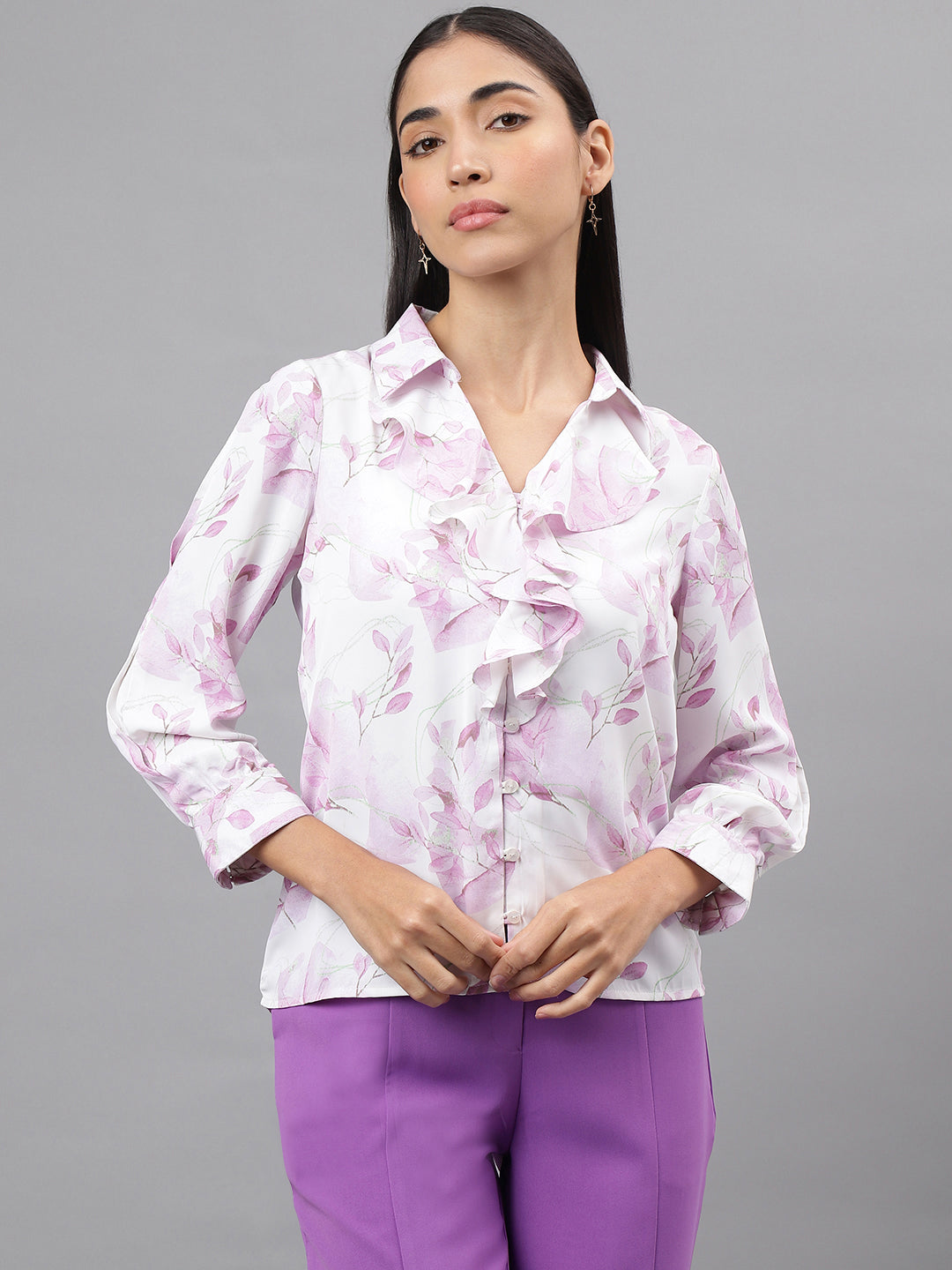 Purple Full Sleeve Ruffle Neck Floral Print Shirt Blouse