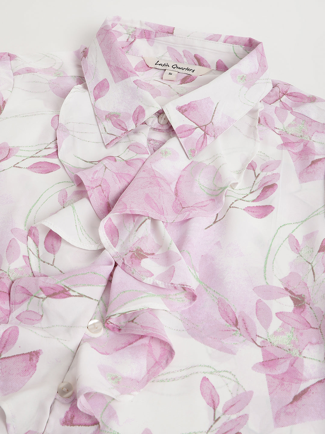 Purple Full Sleeve Ruffle Neck Floral Print Shirt Blouse