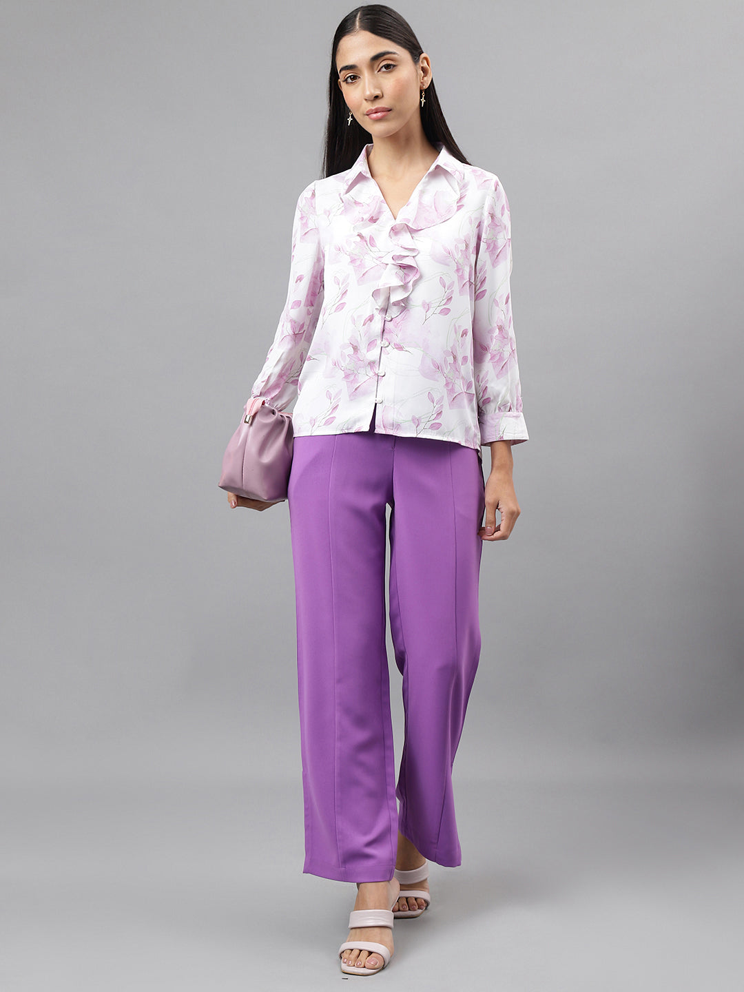 Purple Full Sleeve Ruffle Neck Floral Print Shirt Blouse