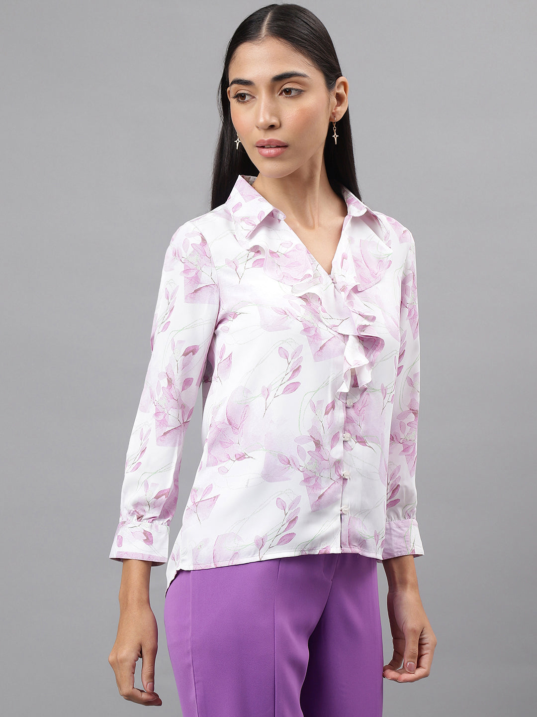 Purple Full Sleeve Ruffle Neck Floral Print Shirt Blouse