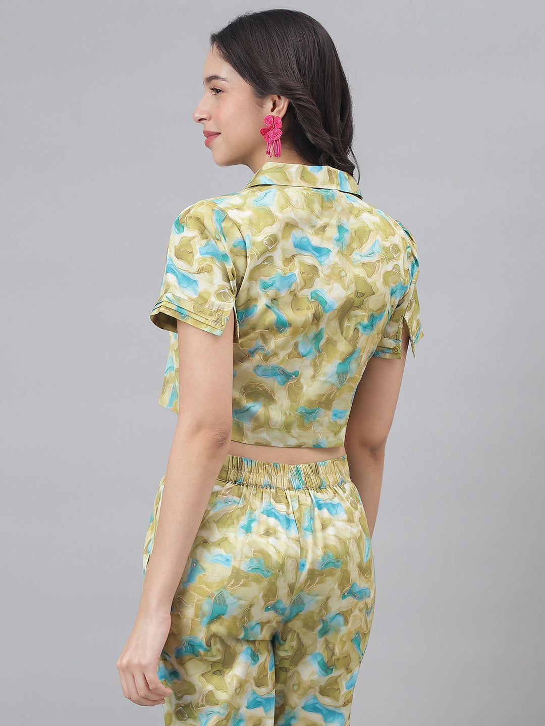 Green Half Sleeve Shirt Collar Women Tie And Dye Top
