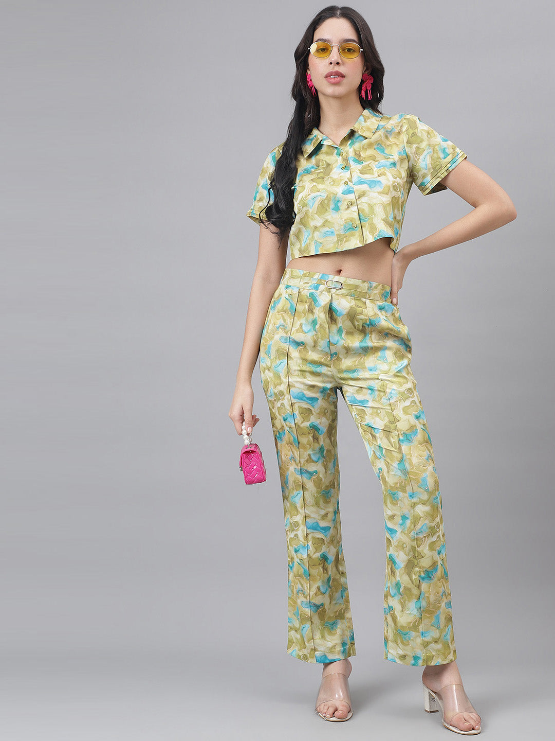 Green Half Sleeve Shirt Collar Women Tie And Dye Top