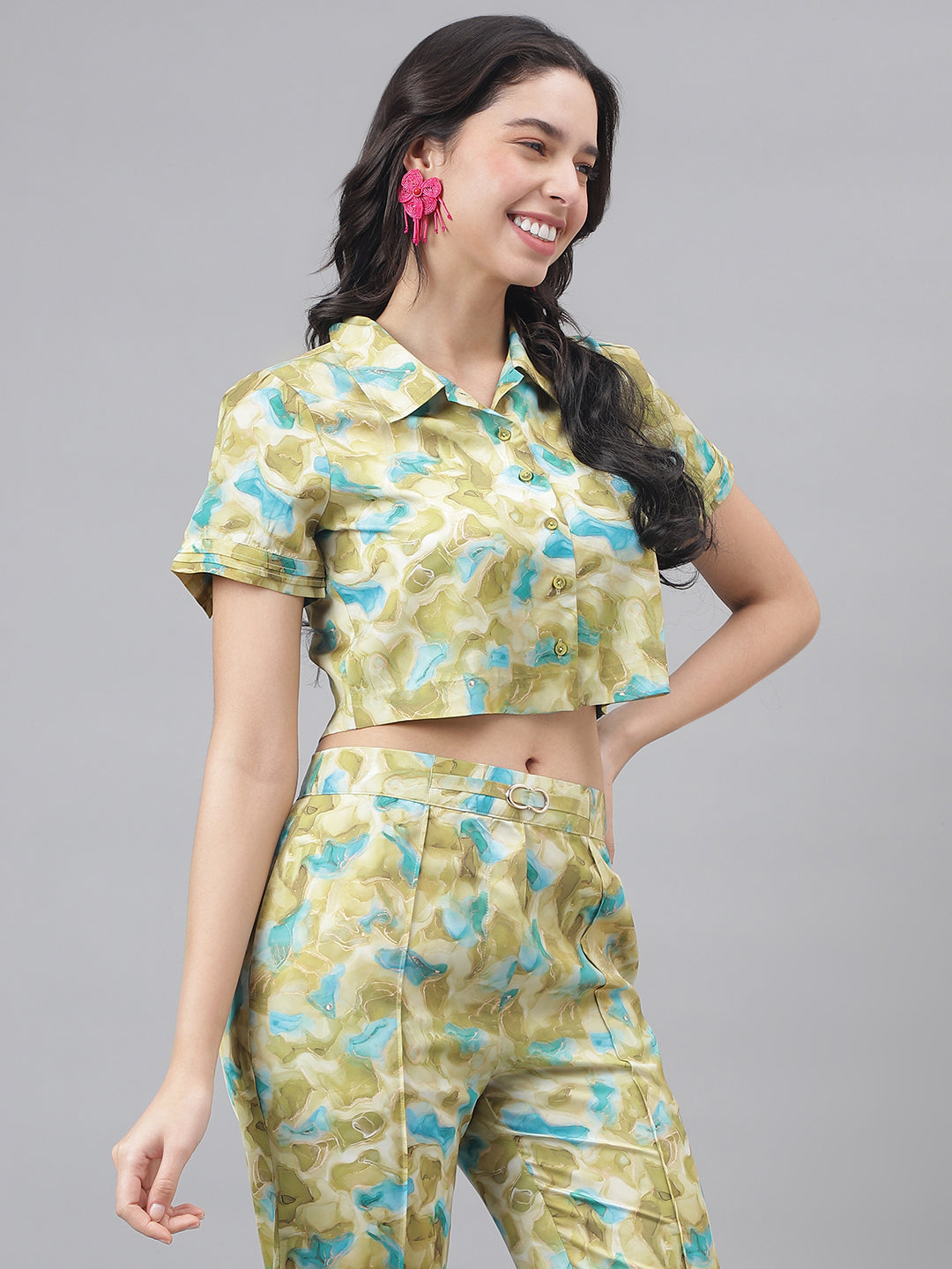 Green Half Sleeve Shirt Collar Women Tie And Dye Top