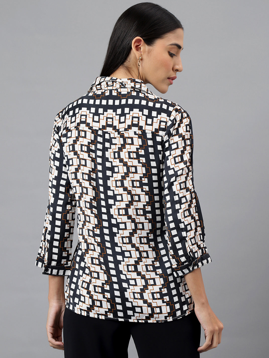 Black Full Sleeve Collar Neck Geometry Print Printed Shirt Blouse