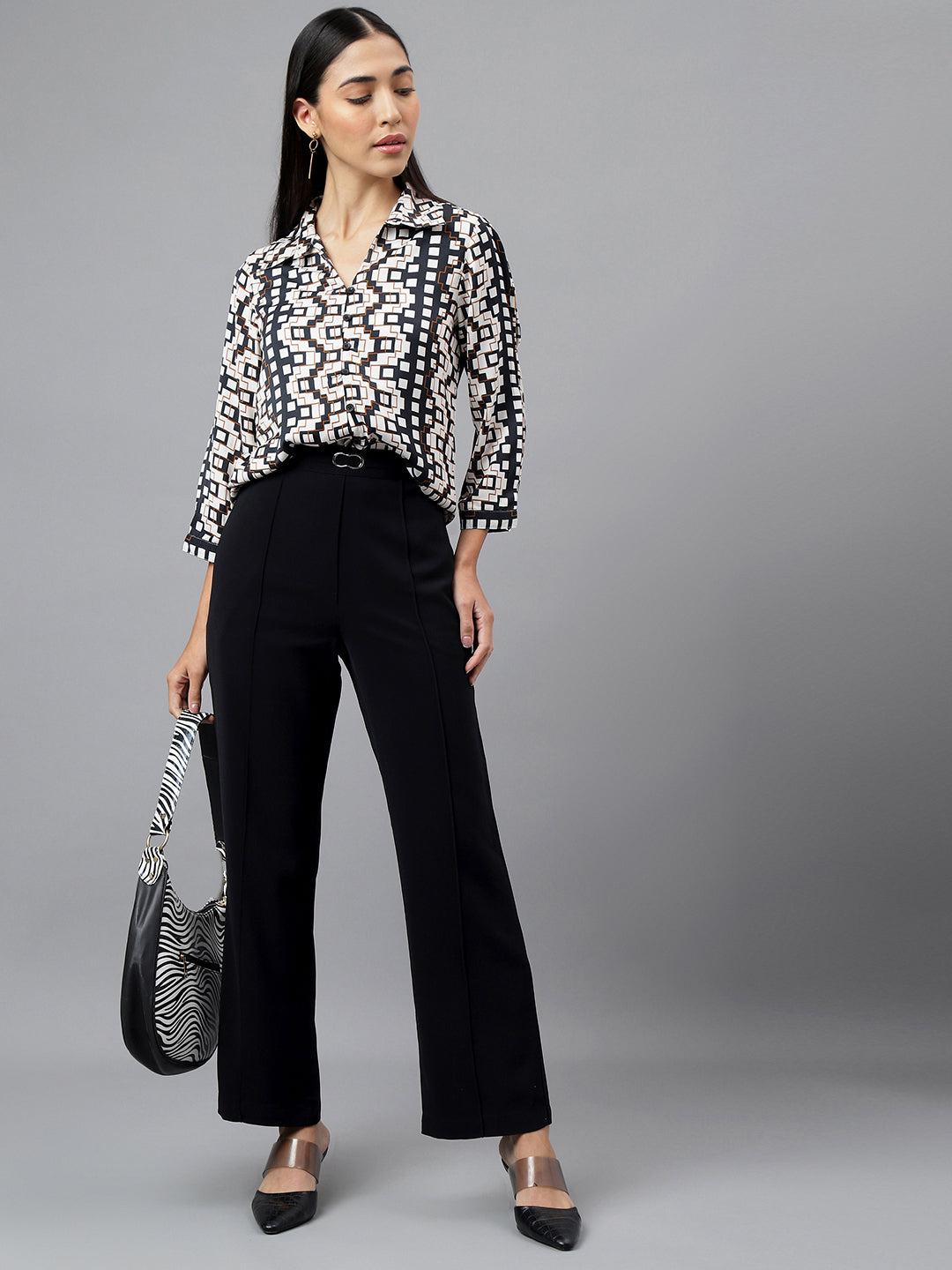 Black Full Sleeve Collar Neck Geometry Print Printed Shirt Blouse