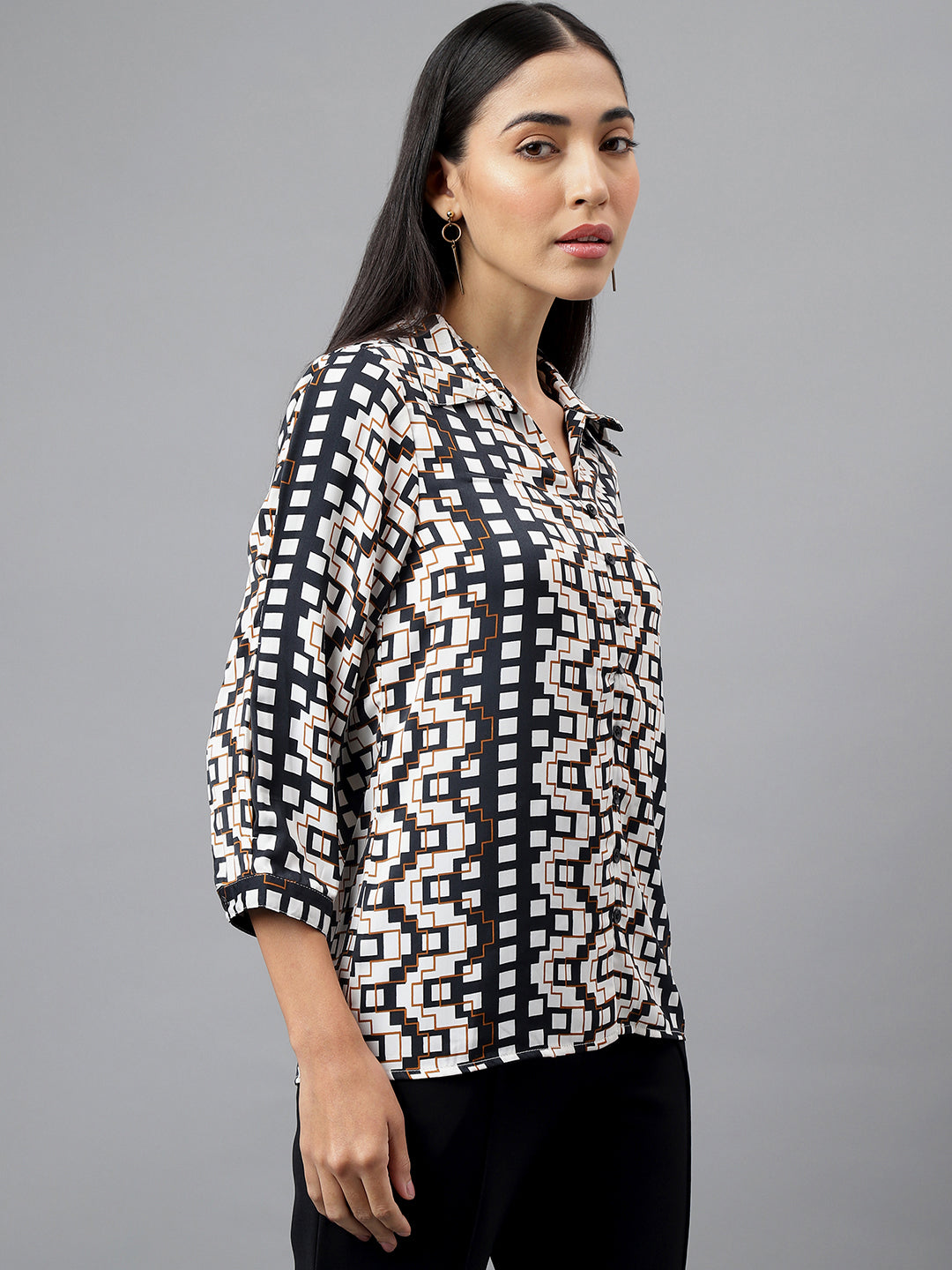 Black Full Sleeve Collar Neck Geometry Print Printed Shirt Blouse