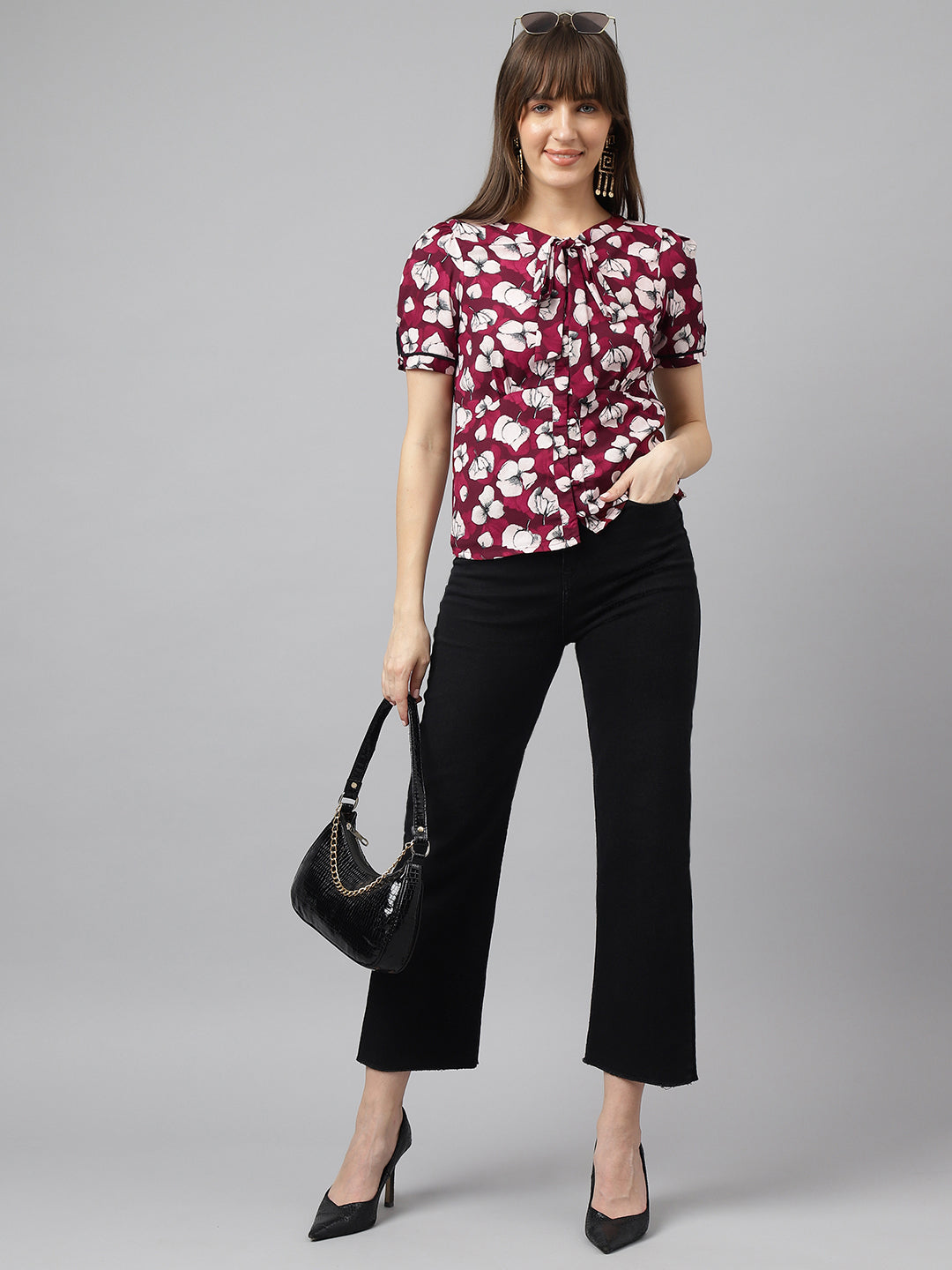 Maroon Half Sleeves Tie-Up Neck Floral Top For Casual Wear