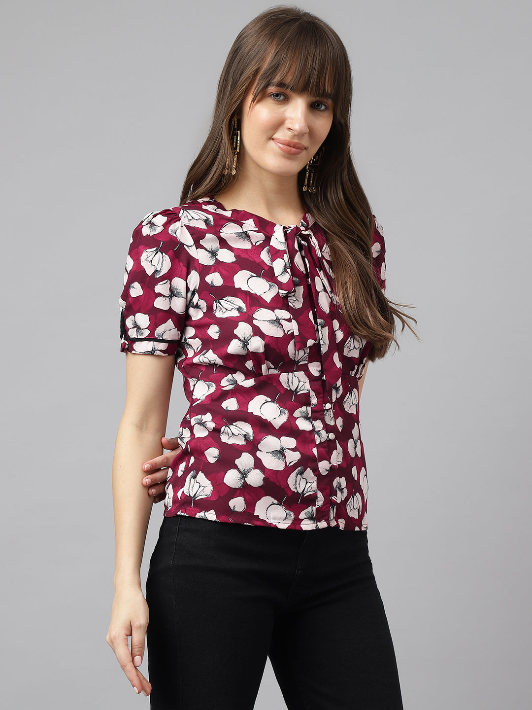 Maroon Half Sleeves Tie-Up Neck Floral Top For Casual Wear