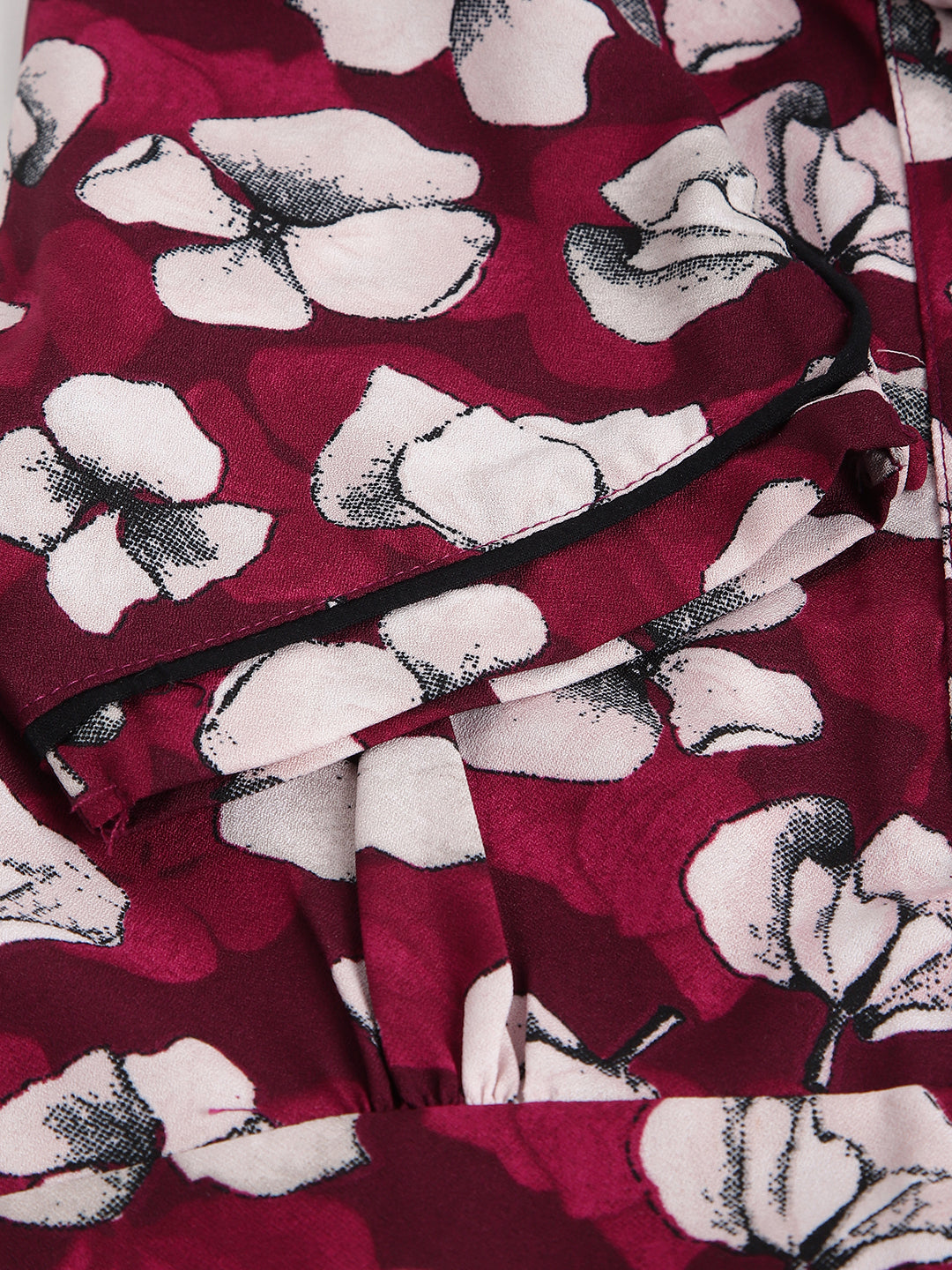 Maroon Half Sleeves Tie-Up Neck Floral Top For Casual Wear
