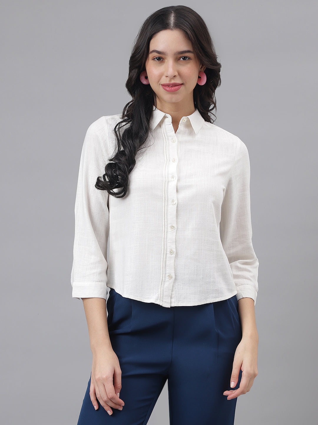 White 3/4 Sleeve Shirt Collar Women Solid Top
