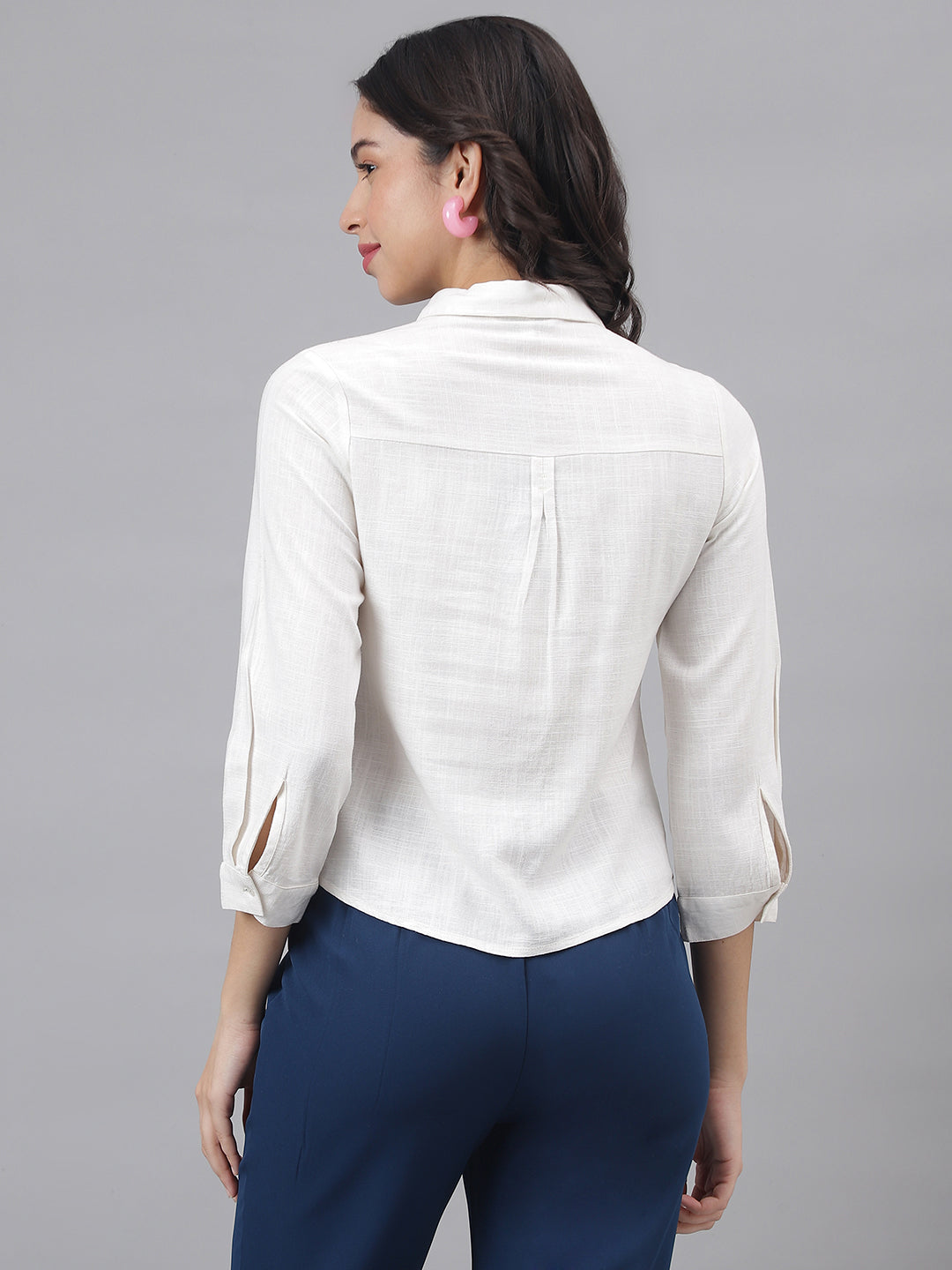 White 3/4 Sleeve Shirt Collar Women Solid Top