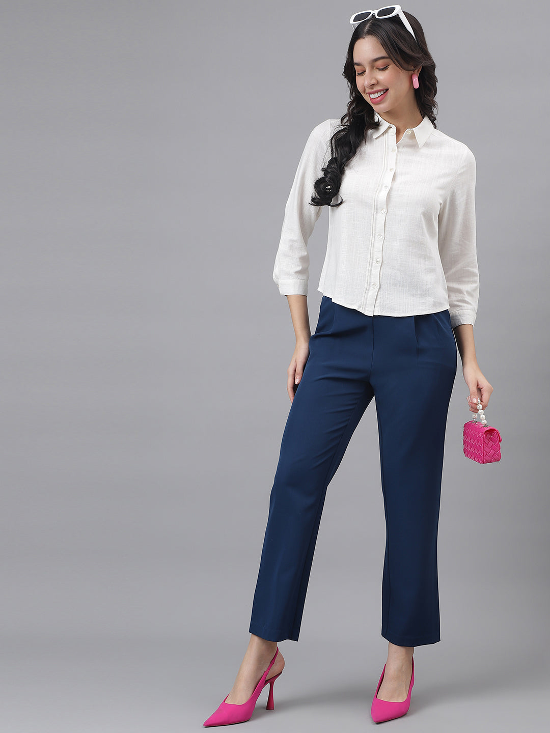 White 3/4 Sleeve Shirt Collar Women Solid Top