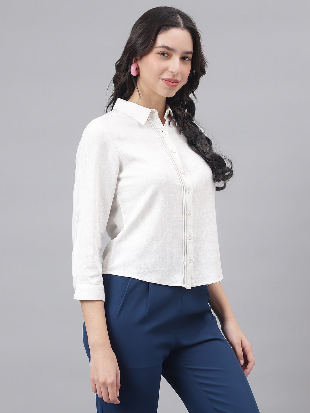 White 3/4 Sleeve Shirt Collar Women Solid Top