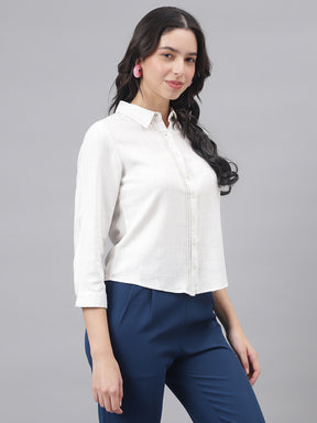 White 3/4 Sleeve Shirt Collar Women Solid Top