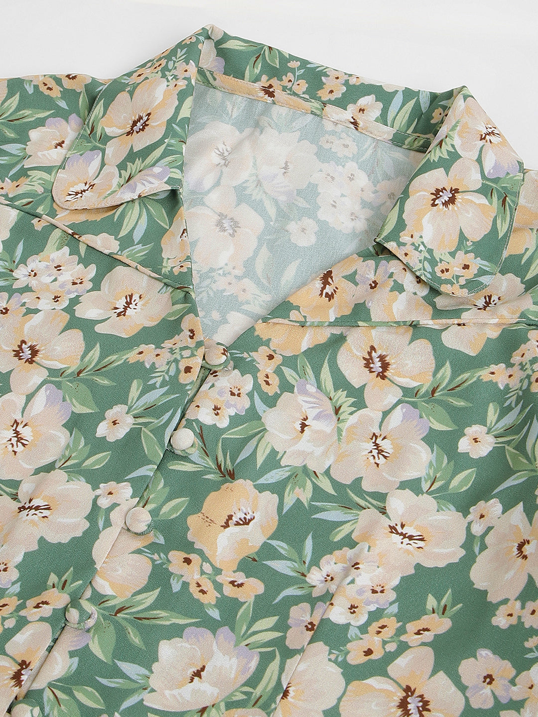 Green 3/4Th Sleeve Spread Collar Floral Shirt For Casual Wear