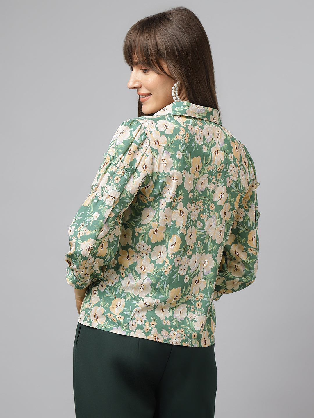 Green 3/4Th Sleeve Spread Collar Floral Shirt For Casual Wear
