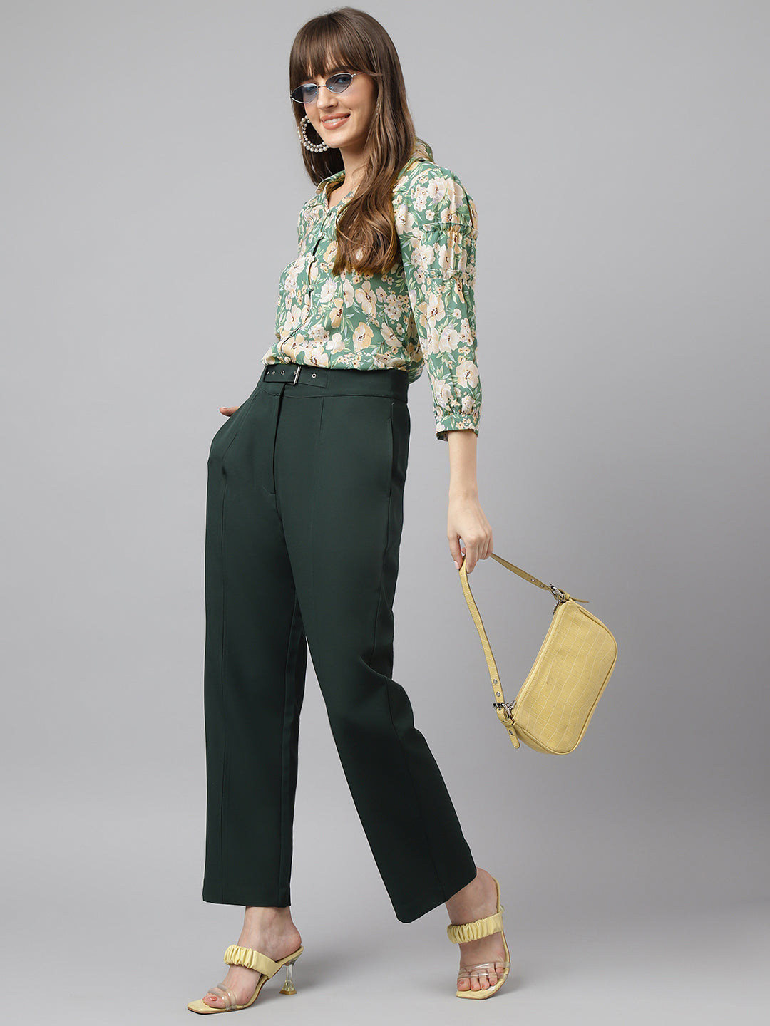 Green 3/4Th Sleeve Spread Collar Floral Shirt For Casual Wear