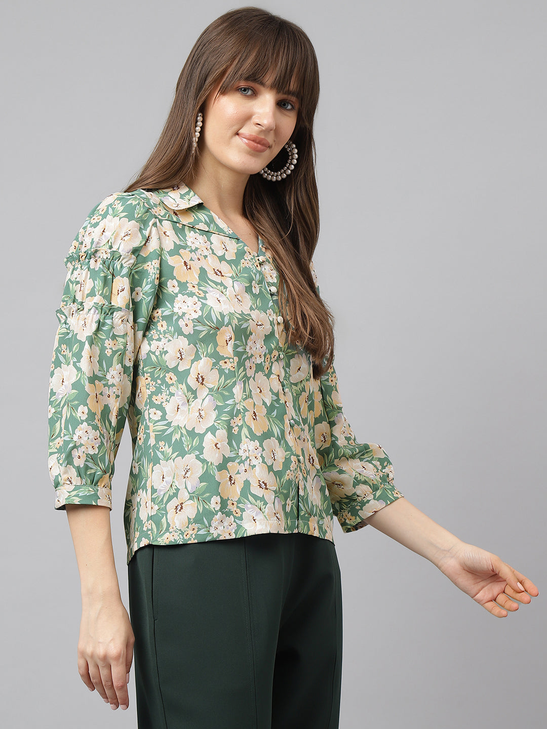 Green 3/4Th Sleeve Spread Collar Floral Shirt For Casual Wear