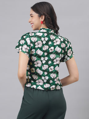 Green Cap Sleeve Tie-Up Neck Women Floral Top