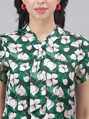 Green Cap Sleeve Tie-Up Neck Women Floral Top